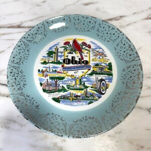 Vintage Ohio Souvenir Plate Mother of Presidents MCM Blue and Gold State Map